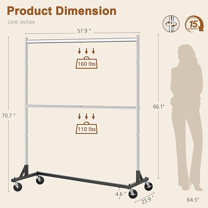 Hoctieon Double Rod Clothes Racks with Z-Base, Adjustable Clothing Rack, Standing Clothes Rack, Metal Clothing Racks for Hanging Clothes, Rolling Garment Rack, Chrome