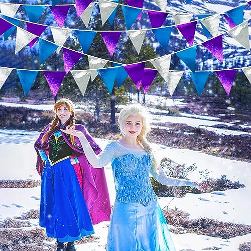 Frozen Party Decoration Purple Blue Silver Metallic Fabric Triangle Pennant Banner Flag Bunting Garland for Frozen Winter Wonderland Christmas Birthday Wedding Baby Shower Bridal Shower Party Supplies (32 Foot)