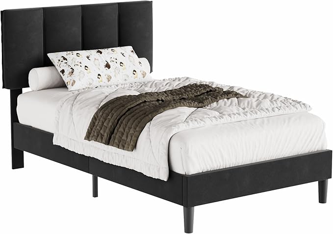 VECELO Twin Size Bed Frame with Upholstered Headboard, Heavy-Duty Bedframe with Wooden Slats & Steel Framework, Easy Assembly, Velvet & Black