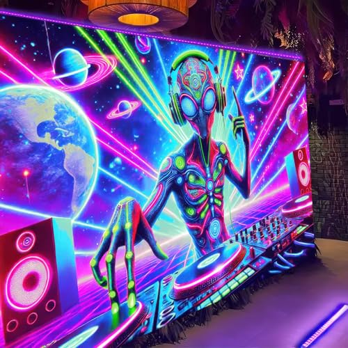 Blacklight Tapestry Alien DJ Party Backdrop 78 x 59 Inch