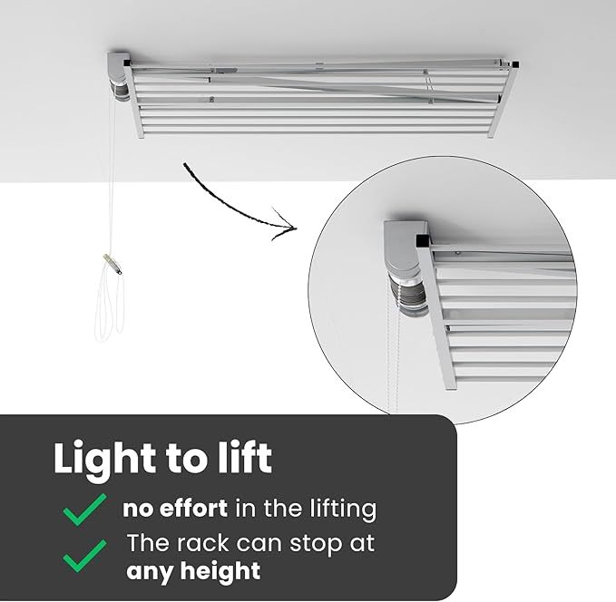 foxydry Mini, Ceiling Mounted Clothes Drying Rack, Pulley Clothesline, Vertical Folding Laundry Drying Rack 21.26" D x 59.84" W x 9.84" H