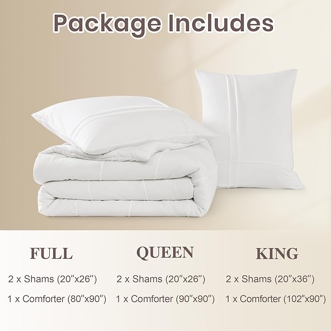 Boho King Size Comforter Set, White Pinch Pleat King Size Bed Set, 3 Piece Bedding Set, Warm Fluffy King Bed Set(White,102"*90")