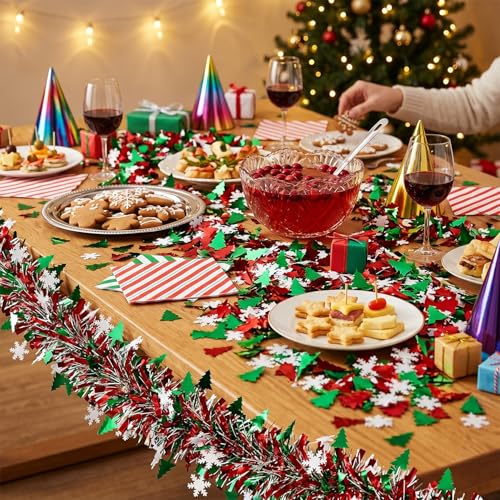 50 Feet Green Red Christmas Metallic Tinsel Twist Hanging Garland with Snowflake Xmas Tree for Home Mantle Xmas Tree Staircase Railing New Year Holiday Party Indoor Outdoor Decorations (50 Foot)