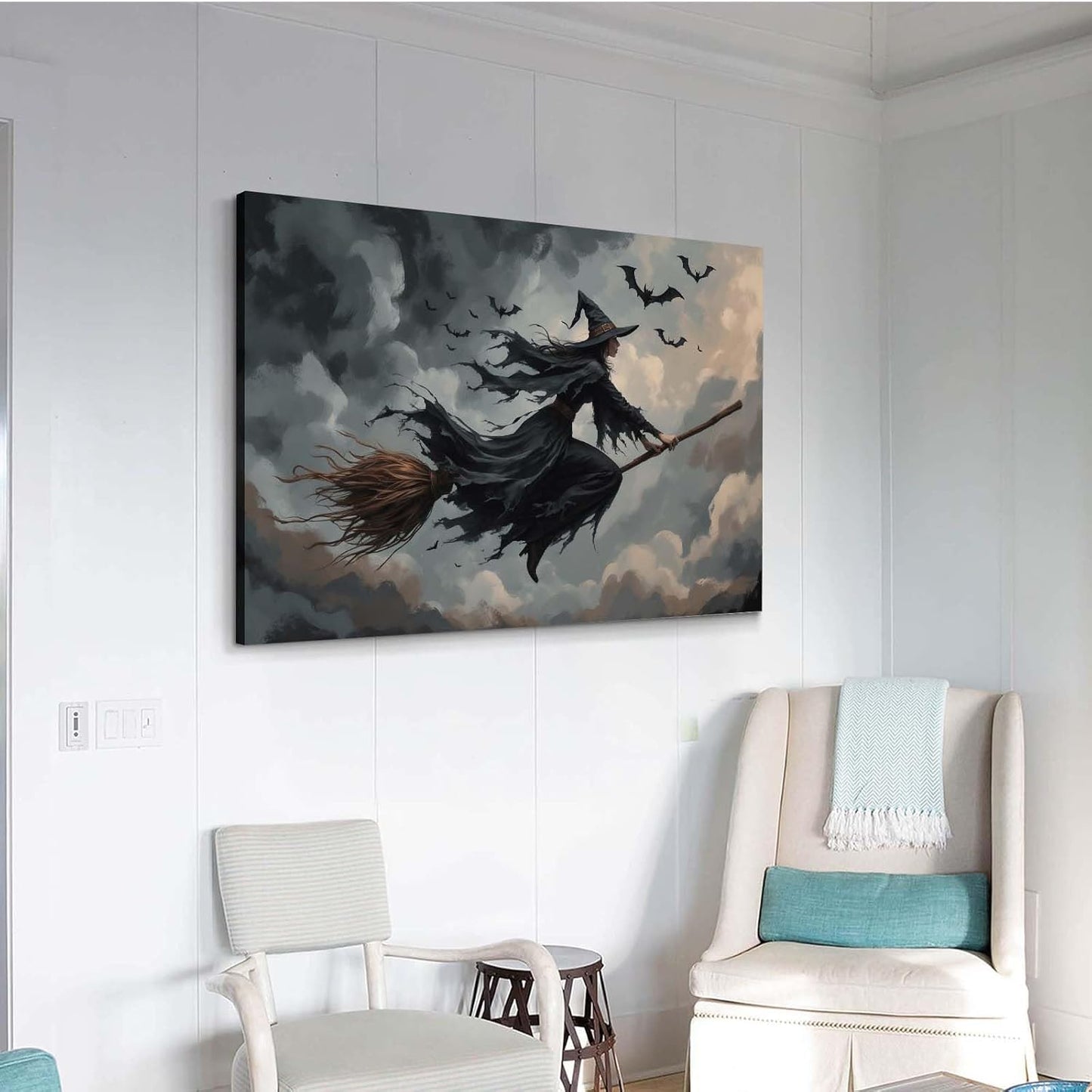JFHCQJPK Witch and bat flying Halloween poster suitable for home party wall decoration retro Halloween preppy style wall art canvas print suitable for room decoration12x16in Frameless