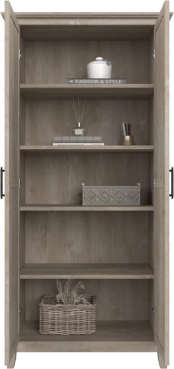 Bush Furniture Key West Tall Storage Cabinet with Doors and Shelves in Washed Gray, 2 Door Organizer for Home Office, Living Room, Entryway
