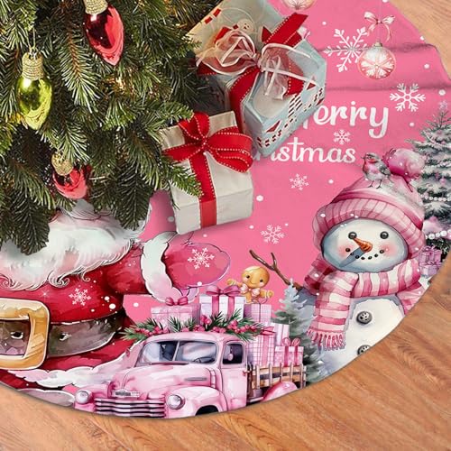 Pink Christmas Tree Skirt Santa Snowflaks Truck Christmas Decorations Xmas House Decor Winter Holiday Party Xmas Tree Skirt 36 inches