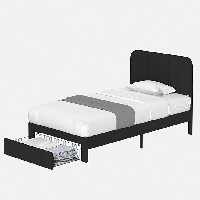 VECELO Twin Size Upholstered Bed Frame with 4 Drawers and Headboard, Velvet Platform Storage Bedframe, Wooden Slats Support, No Box Spring Needed,Black