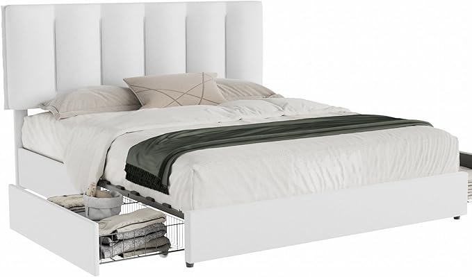 VECELO King Size Bed Frame with 4 Storage Drawers, Adjustable Height Headboard, Heavy-Duty Bedframe with Strong Wooden Slats, No Box Spring Needed, Pure White