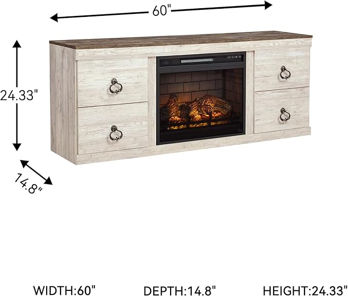 Signature Design by Ashley Willowton Cottage 60" TV Stand with Electric Fireplace for TVs up to 69", Whitewash
