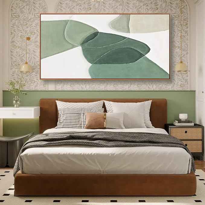 Wall Art Canvas Color Block Line Art Prints Green and white geometric color block line art Painting Framed Modern Artwork Decor for Living Room Bedroom Kitchen 24x48 inch