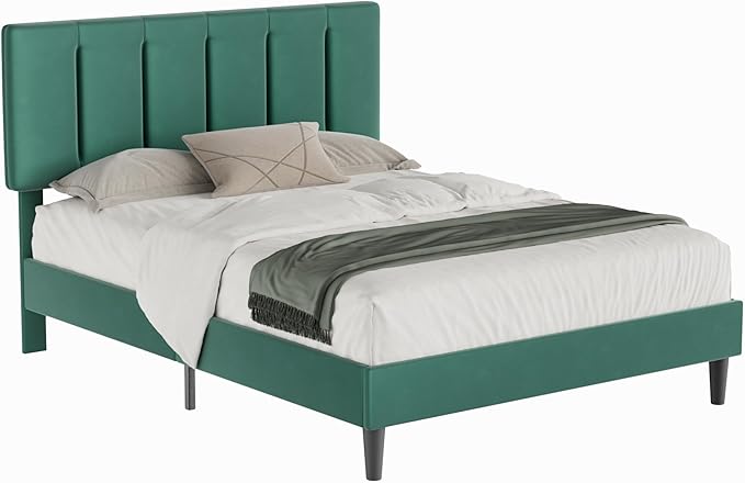 VECELO Full Bed Frame with Upholstered Headboard, Heavy-Duty Platform Bedframe with Strong Wooden Slats Support, No Boxing Spring Needed, Dark Green