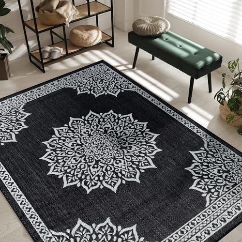 Outdoor Rug 9x12 Medallion Black White Modern Area Rugs for Large Indoor and Outdoor Patios