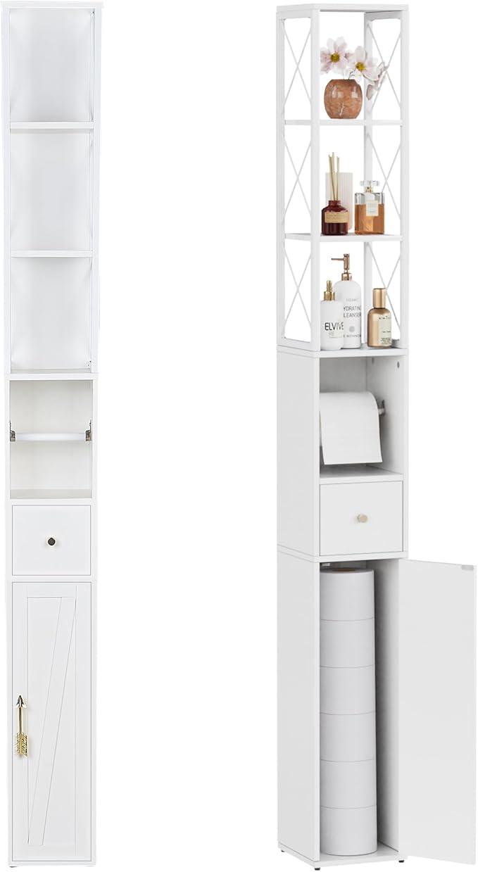 VECELO 67" Narrow Storage Cabinet, Tall Slim Corner Cabinet, Corner Storage with X-Shaped Metal Frame, Toilet Paper Holder, Magnetic Door, Ideal for Small Space, White