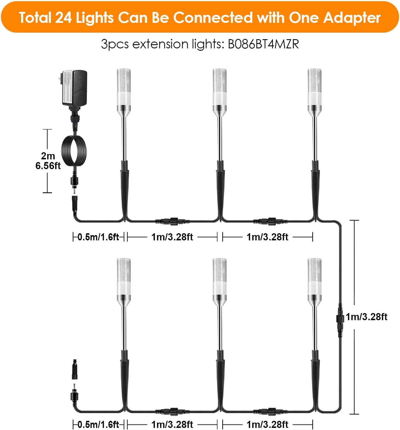 B-right LED Pathway Lights Outdoor, 6 Pcs Path Lights 570 Lumens AC Plug 12V Low Voltage Landscape Lighting, Extendable IP65 Waterproof Outdoor Garden Light for Patio Yard Walkway, Warm White 2700K