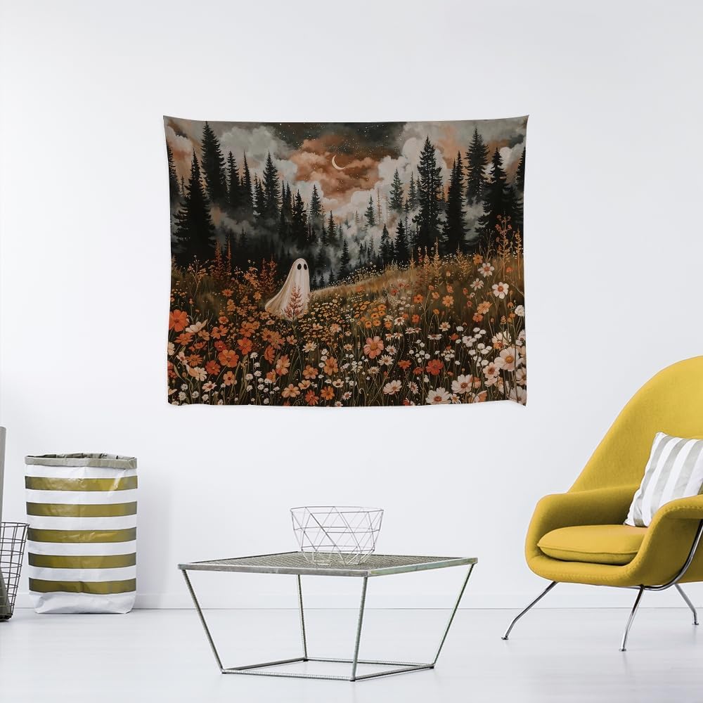 Spooky Fall Forest Art Halloween Tapestry Wall Hanging Cute and Funny Forest Flower Ghost Tapestry for Bedroom Whimsical Dark Academia Aesthetic Tapestries for Home Living Room Decor 50x60inch