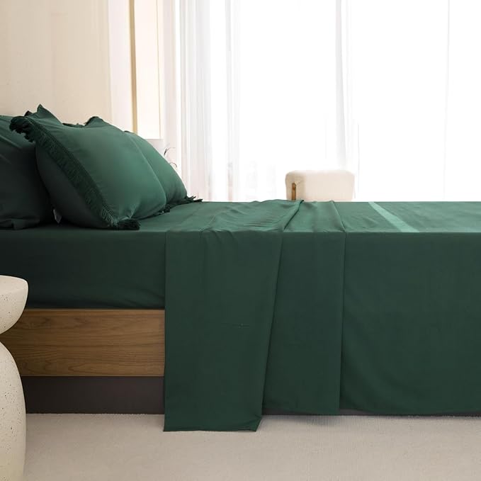 Andency Oversized King Comforter Set Dark Emerald Green 120x98-7 Piece Boho Tassel Bed in a Bag Soft Lightweight Bedding Set, Fringe All Season Bed Set with Comforter, Sheets, Pillowcases & Shams