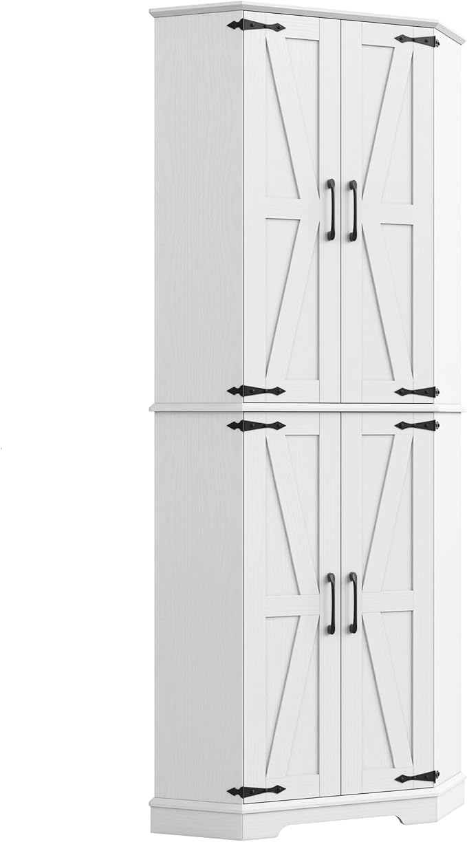 IRONCK Corner Cabinet, 72" Kitchen Pantry Cabinet, 6-Tier Freestanding Farmhouse Pantry with 2 Adjustable Shelves, 240°Swivel Doors, 2 Doors Storage, Spacious Hutch for Kitchen, Living Room, White