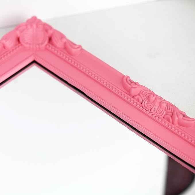 Funly mee Baroque Square Wall Mirror, 12.8 x 15.8 inches, Vintage Gold Plastic Frame, Vertical or Horizontal Mount (Pink, 12.8 x 15.8)