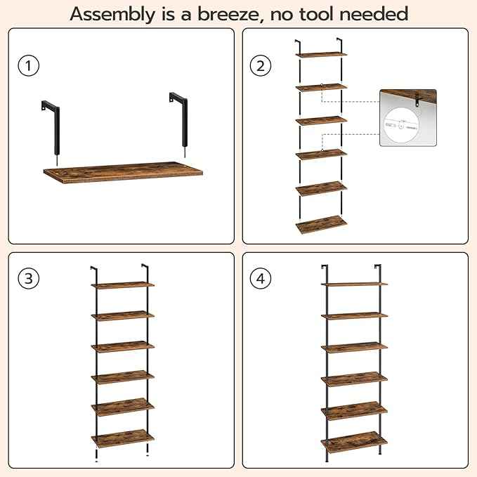 HOOBRO DIY Ladder Shelf, 6-Tier Wall Mounted Bookshelf, Office Vertical Bookcase, Wooden Storage Shelves for Home Office, Bedroom, Rustic Brown and Black BF65CJ01