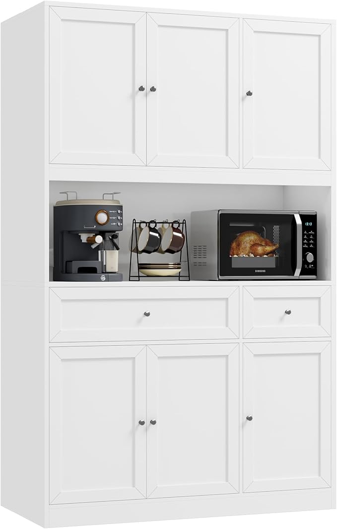 72" Kitchen Pantry Cabinet, Kitchen Hutch with Microwave Stand, Buffet Cabinet with Hutch for Dining Room, White
