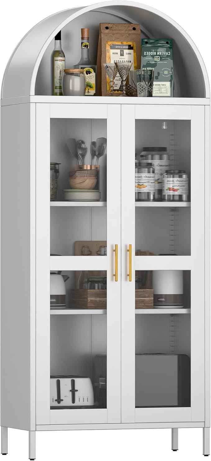 Metal Arched Cabinet with Glass Doors,White Tall Arched Bookcasefor Living Room, Home, Office, Assembly Required