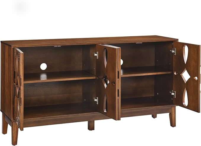 Ball & Cast 60" Mid Century Modern Sideboard Cabinet with Openwork Carving, Media Console & Buffet Cabinet with 4 Doors and Adjustable Shelves for Living Room,Kitchen Coffee Bar, Dining Room, Walnut