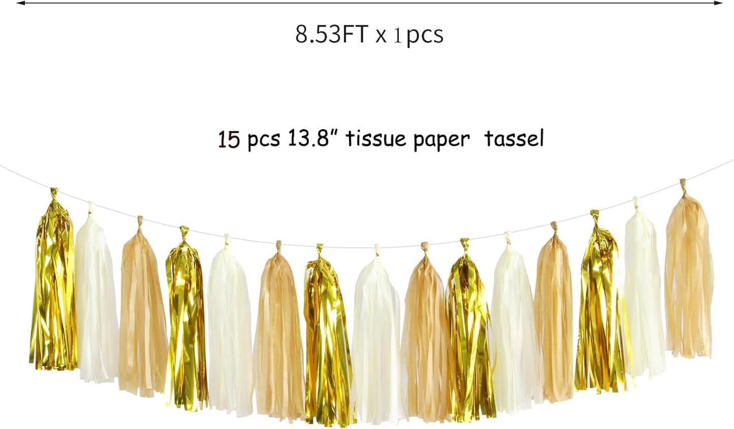 White Gold Champagne Party-Decorations Tassel-Garland -15pcs Christmas Wedding Engagement Tassels Banner Streamers Bachelorette Neutral Birthday Baby Bridal Shower Decor Panduola
