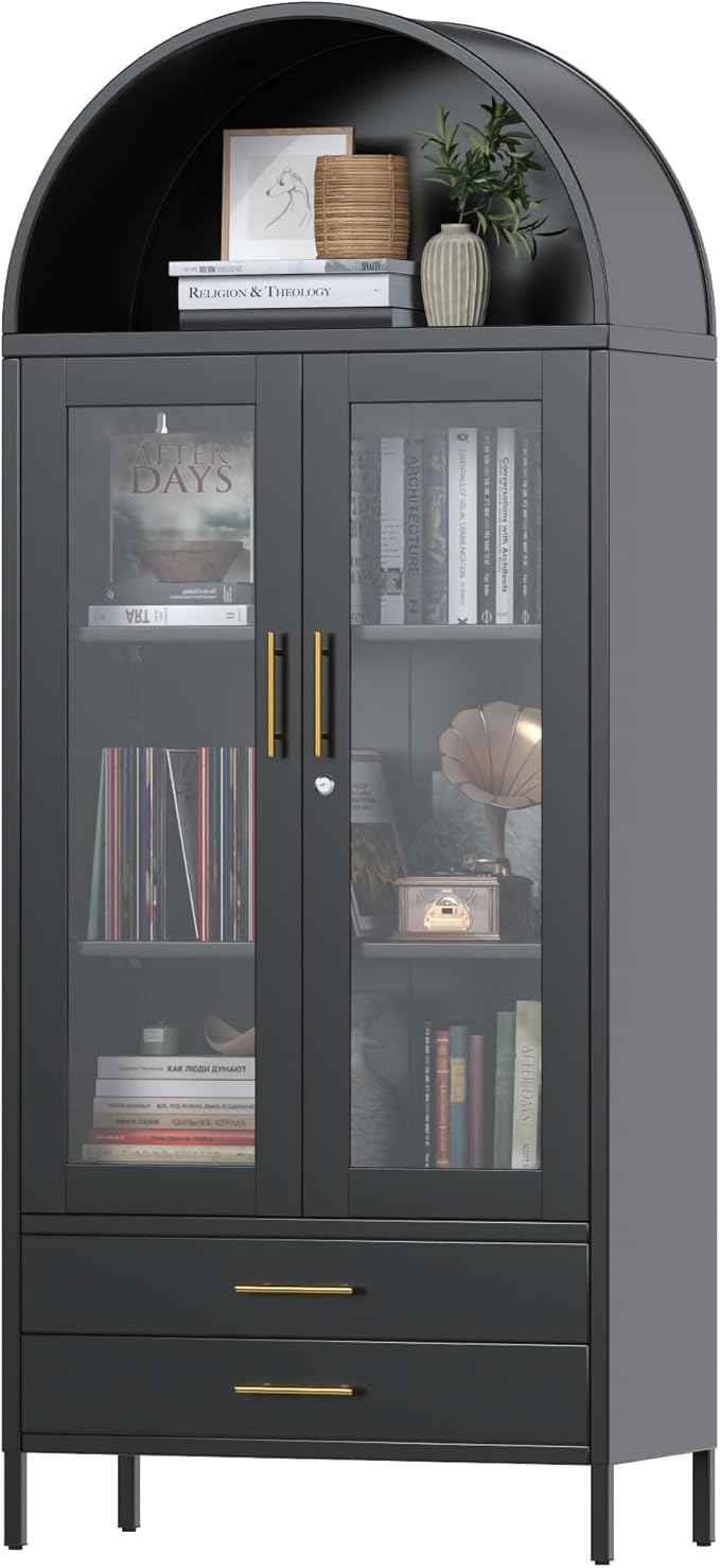 73'' Black Tall Arched Bookcase Cabinet with Glass Doors, Metal Arched Pantry Cabinet with 2 Drawers for Home Kitchen Office,Required Assembly