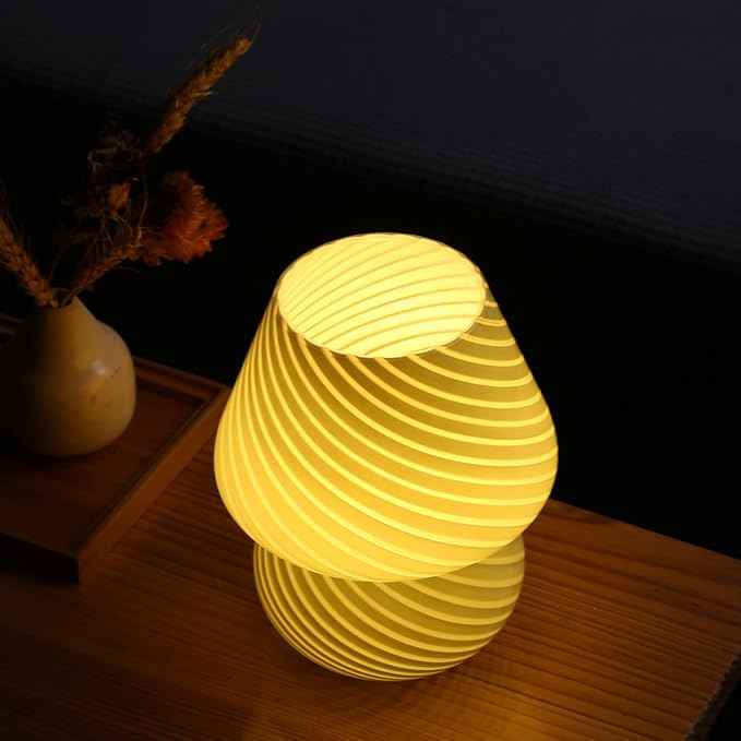 Pink Mushroom Lamp,Glass Mushroom Bedside Table Lamps Translucent Murano Vintage Style Striped Small Nightstand Desklamp Swirl Light for Home Decor, Dining, Living, Bedroom, Gift (Stripe Pink)