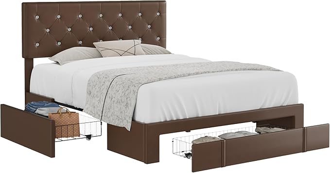 VECELO Full Size Bed Frame with 3 Storage Drawers, Leather Upholstered with Diamond Tufted Headboard, Solid Wood Slat Support, No Box Spring Needed, PU & Brown