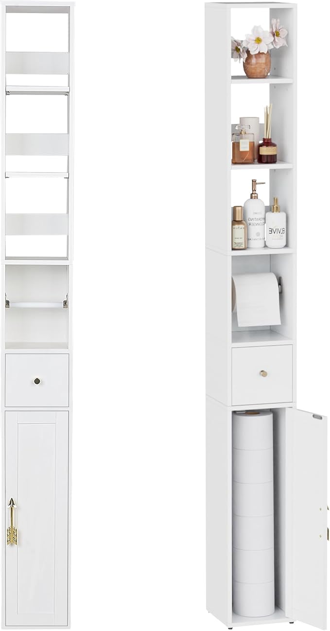 VECELO Narrow Bathroom Storage Cabinet, 67" Tall Cabinet Organizer with Toilet Paper Holder, Anti-Tip Device, 3 Adjustable Shelves, Drawer & Magnetic Door for Small Spaces, White