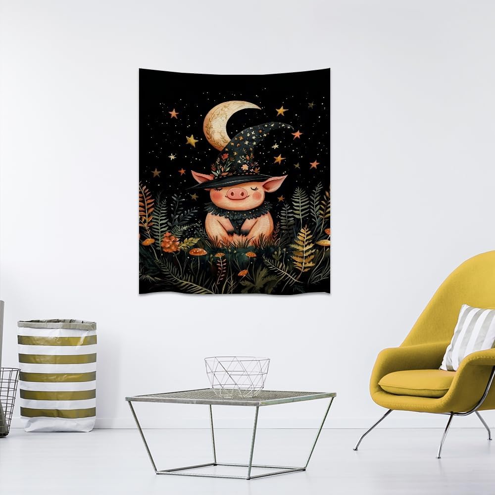 Whimsical Witch Pig Tapestry Wall Hanging Cute Farmhouse Animal Tapestry Aesthetic Moon and Stars Pictures Print Cottagecore Witchy Halloween Artwork Tapestries Decor for Living Room Bedroom 30x40inch