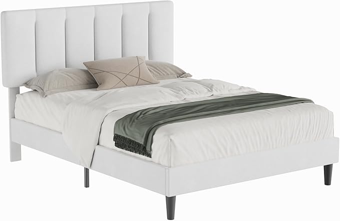 VECELO Full Bed Frame with Upholstered Headboard, Heavy-Duty Platform Bedframe with Strong Wooden Slats Support, No Boxing Spring Needed, Pure White
