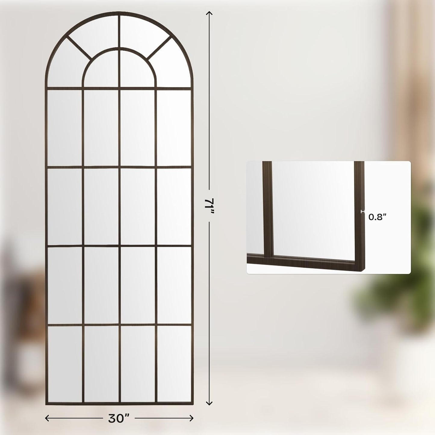 Arched Windowpane Mirror Full Length 71"x30" Wall Mounted Bronze Art Pane Farmhouse Decorative Floor Mirror Leaning Hanging Wall Mirror for Bedroom Living Room Entrance