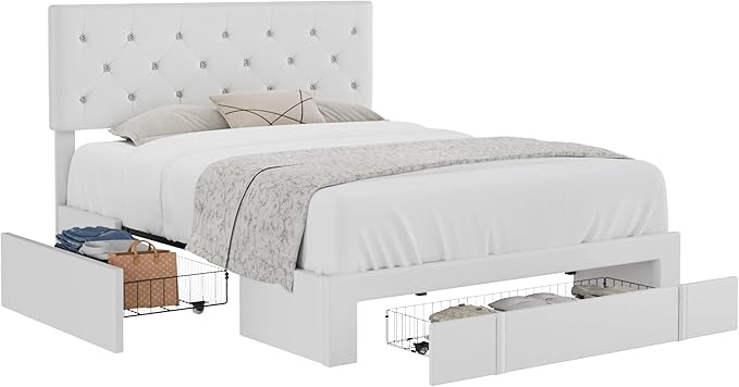 VECELO Full Size Bed Frame with 3 Storage Drawers, Leather Upholstered with Diamond Tufted Headboard, Solid Wood Slat Support, No Box Spring Needed, PU & White
