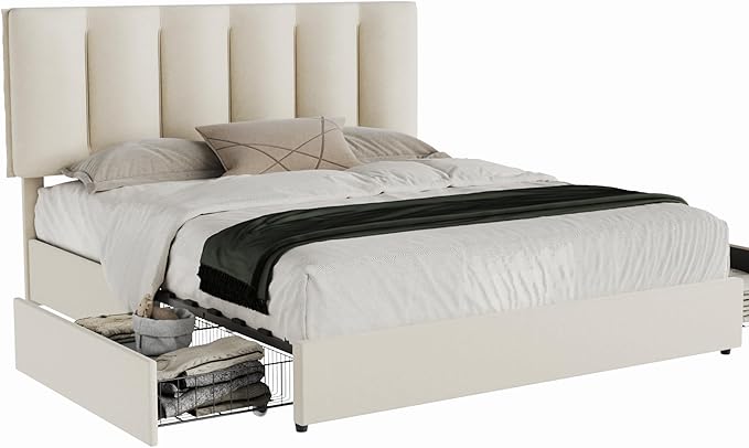 VECELO King Size Bed Frame with 4 Storage Drawers, Adjustable Height Headboard, Heavy-Duty Bedframe with Strong Wooden Slats, No Box Spring Needed, Pale Beige
