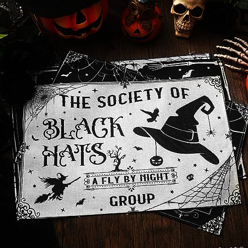 6 Pcs Halloween Placemats 12"x18" Gothic Bat Placemats Kitchen Decoration Washable Witch Place Mats Rectangle Skull Table Mats for Halloween Dining Table Accessories