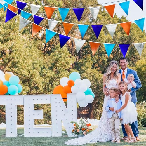 Orange Blue Silver Party Decorations Metallic Fabric Triangle Pennant Banner Flag Bunting Garland for Space Theme Birthday Wedding Bridal Shower Baby Shower Engagement Graduation Party Supplies (36 Count)
