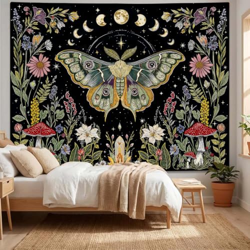 Boho Vintage Moth Luna Botanical Floral Tapestry 48 x 36 Inch