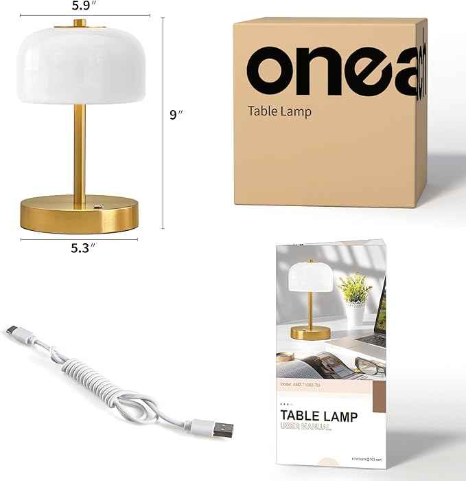 Oneach 9" Cordless Table Lamp, Gold Rechargeable Battery Operated Lamp, 3-Way Stepless Dimming Touch Lamps, Small Glass Bedside Nightstand Light for Bedroom Dining Table Living Room Shelf Decor