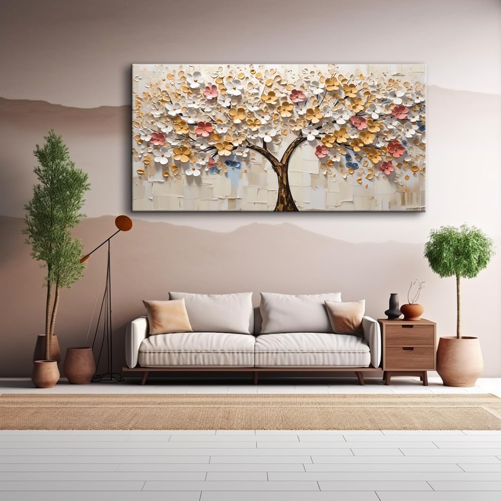LASMOND 2D Flat White Spring Large Tree of Life Wall Art Office Decor Living Room Modern Painting Prints Pictures Abstract Floral Flower Nature Canvas Large Landscape Artwork (28x58 Inches)