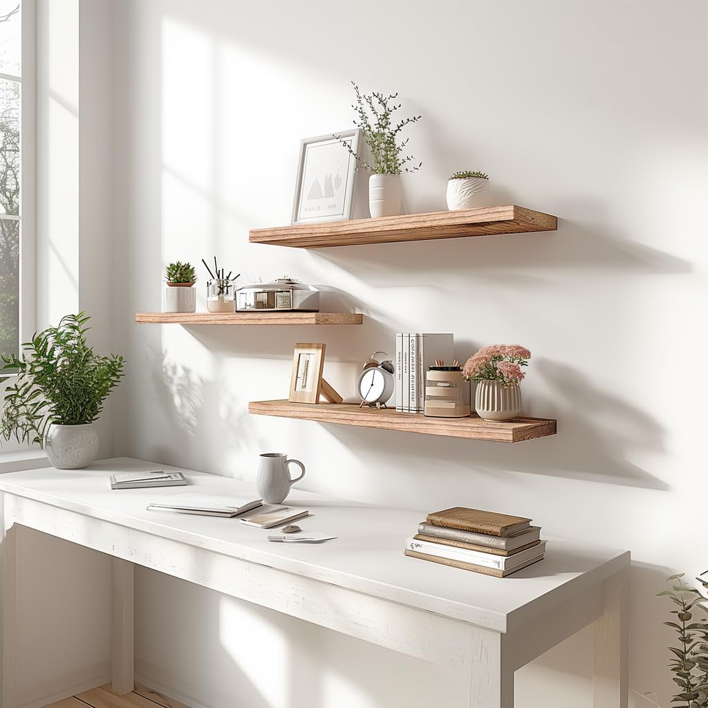 Light Wood Floating Shelves for Wall Rustic Wall Shelves for Bedroom Set of 6 - Décor Diaries