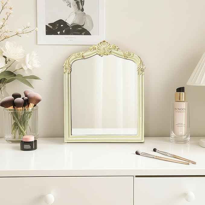 Cream Flower Bow Mirror - 13x10 Inch Perfect Elegant Decorative Accent, Wall-Mounted Tabletop Makeup Mirror for Nursery Baby Room Bedroom Decor
