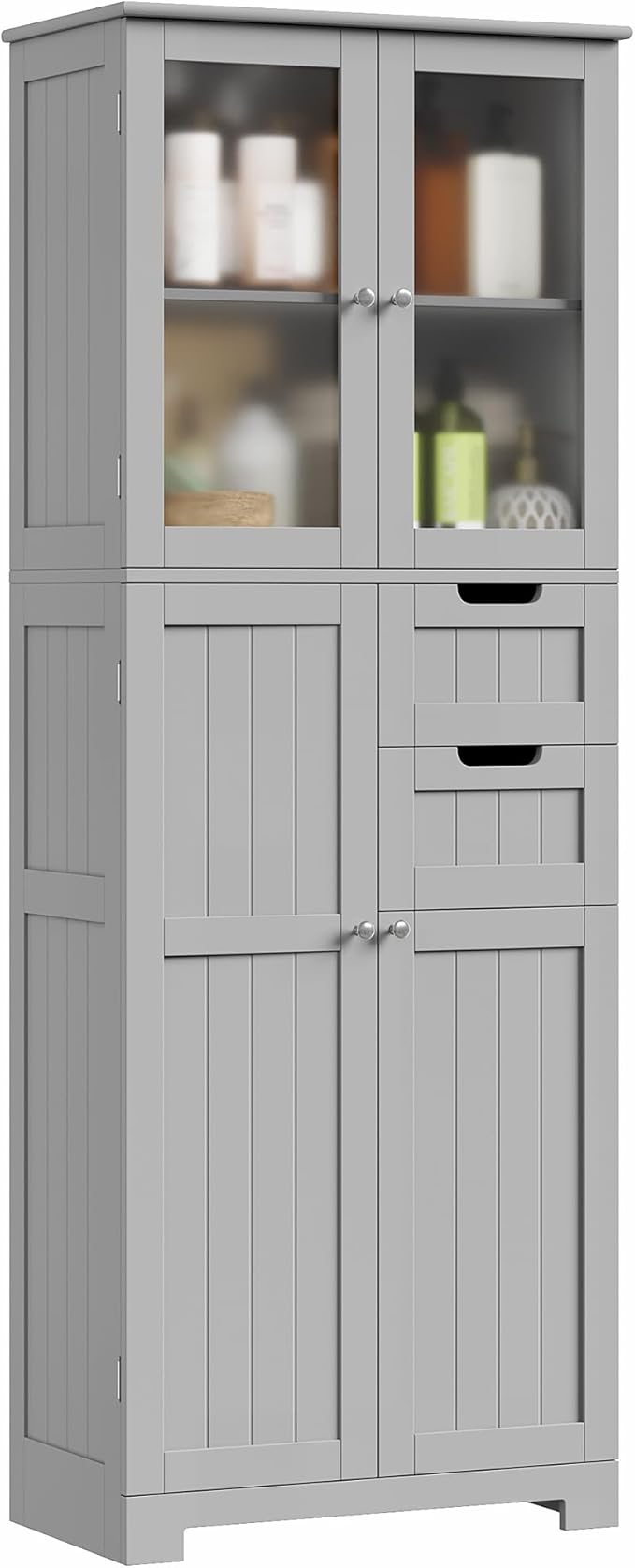67'' Tall Bathroom Storage Cabinet, Kitchen Pantry Cabinet with Glass Doors and Adjustable Shelves, Kitchen Cupboard with 2 Drawers for Bathroom, Dining Room, Grey