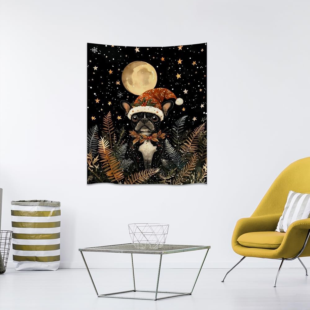 French Bulldog Christmas Tapestry Wall Hanging Cute Dog Santa Hat Moon Pictures Print Pet Lover Gift Funny Christmas Tapestries Aesthetic for Winter Home Nursery Kids Bedroom Decor 30x40inch