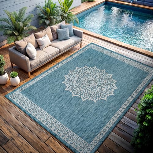 Outdoor Rug 9x12 Medallion Aqua Modern Large Area Rugs for Indoor and Outdoor Patios Kitchen and Hallway Mats Washable Porch Deck Outside Carpet (108 Sq Ft)