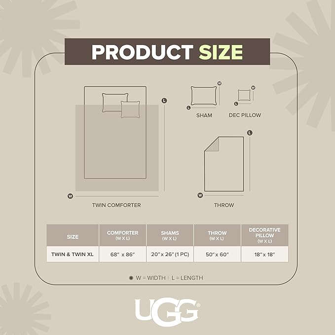 UGG Remina Twin Comforter Set 4 Piece Bed in a Bag with Throw Blanket, Decorative Pillow Sham and Reversible Comforter Hypoallergenic Washable College Dorm Bedding, Twin XL, Brown Birch