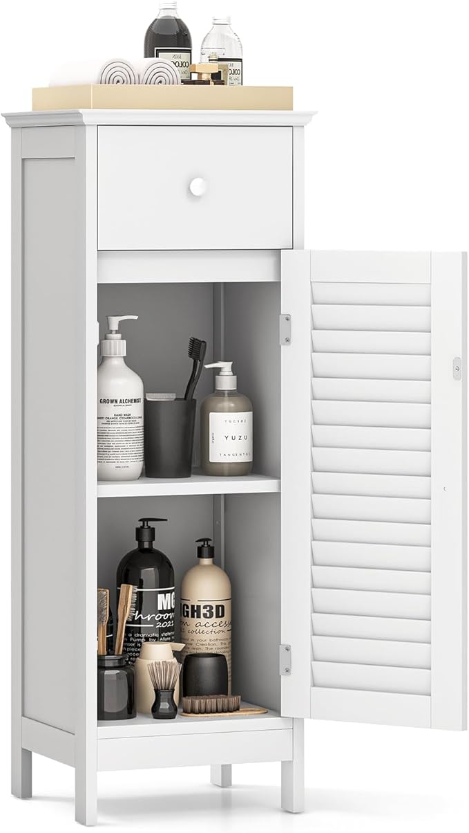 COSTWAY Bathroom Storage Cabinet, Single Door Storage Organizer w/ 1 Drawer & Adjustable Shelf, Freestanding Narrow Slim Floor Cabinet for Living Room Bedroom Hallway (White)