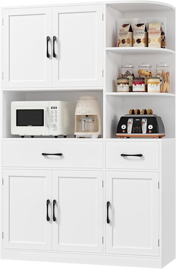 67" Kitchen Pantry Cabinet, Modern Kitchen Hutch with 5 Doors and 2 Drawers, 3-Tier External Shelf, Large Pantry Storage Cabinet with Microwave Stand for Dining Room (White)