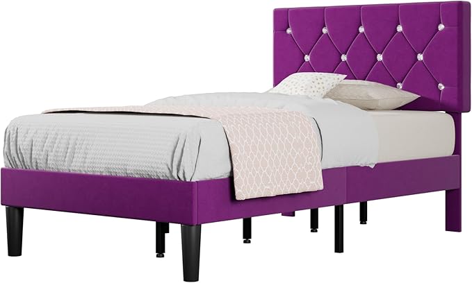 VECELO Twin Size Bed Frame, Upholstered Platform with Adjustable Diamond Tufted Headboard, Wood Slat Support, No Box Spring Needed, Purple
